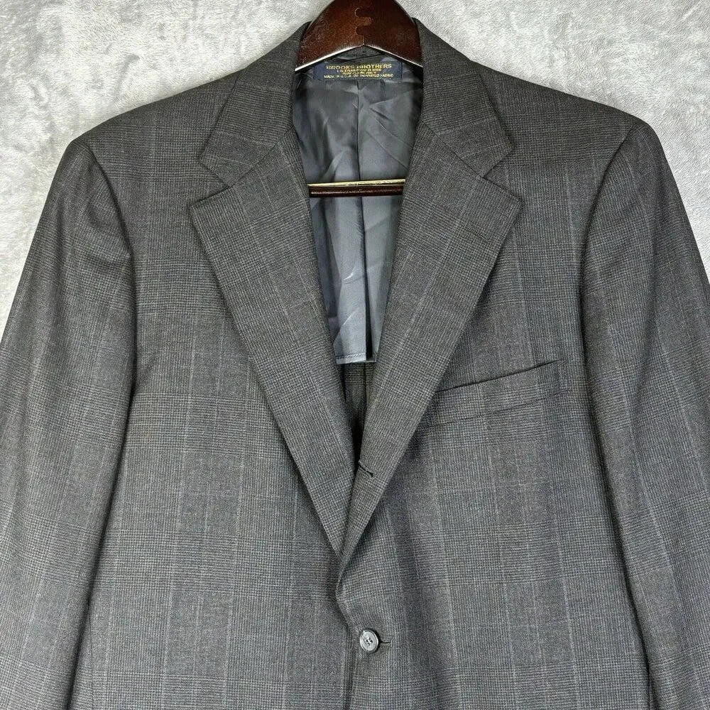 Vtg Brooks Brothers Blazer Men 42 Long 3 Button Pure Wool Gray Blue Plaid Jacket